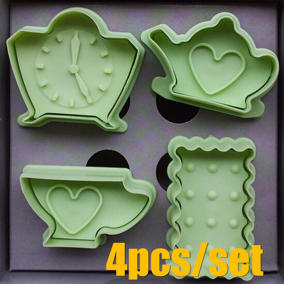 Hearts Clock Shape Cookies Cutter Molds Plastic Biscuit Fondant Cutter Plunger Stamps Kitchen Cake Decorating Tools 4Pcs/Set